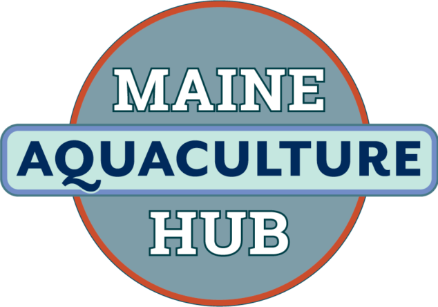 Logo for "Maine Aquaculture Hub" featuring the organization name in bold letters within a circle outlined in red.