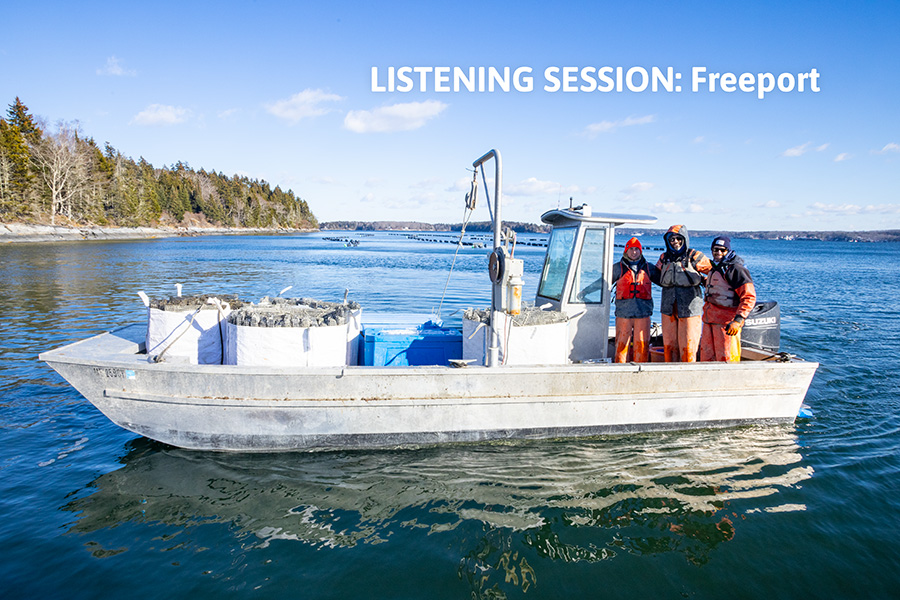 Three people wearing safety gear stand on a small utility boat loaded with large bags, with forested shoreline and blue sky in the background. Text reads: "LISTENING SESSION: Freeport.