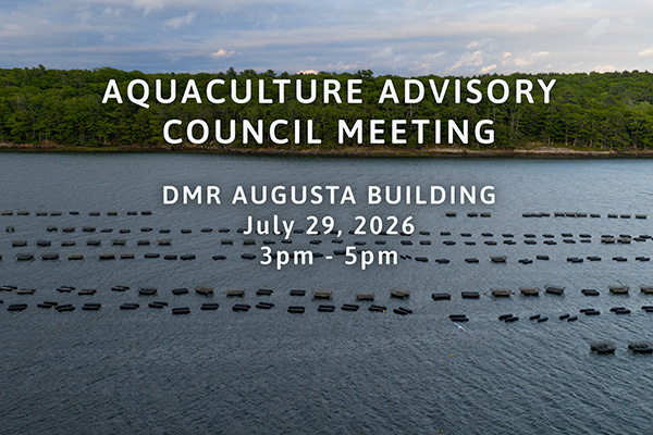 Aerial view of aquaculture cages in water with text: "AQUACULTURE ADVISORY COUNCIL MEETING, DMR Augusta Building, July 29, 2026, 3pm - 5pm." Forest and cloudy sky in background.