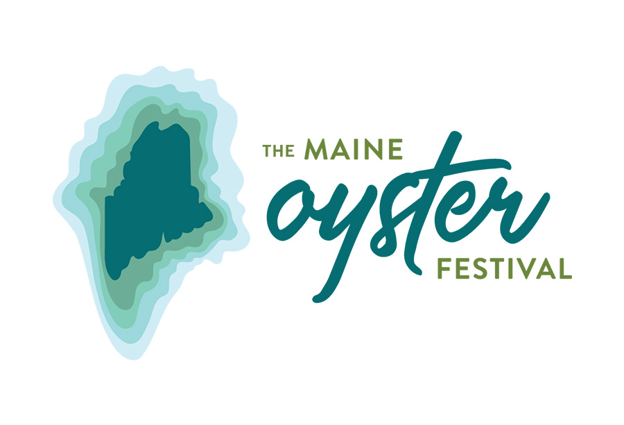 Logo for The Maine Oyster Festival featuring layered shapes resembling the state of Maine on the left and event name in green and teal text on the right.