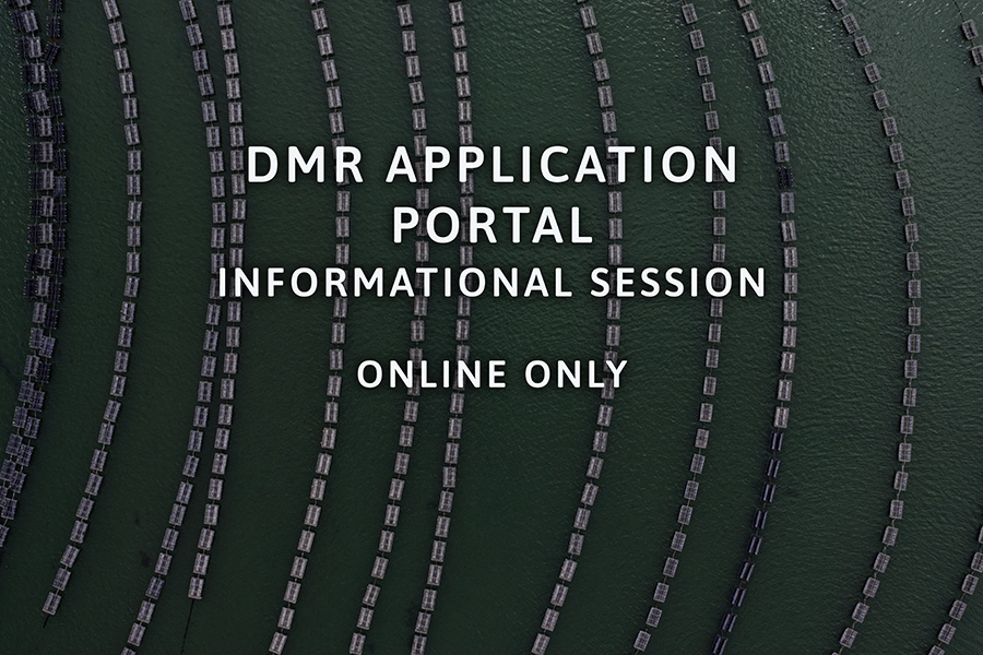 App Info Session image August 20262 Aerial view of rows of floating structures on water with text: DMR Application Portal Informational Session Online Only.