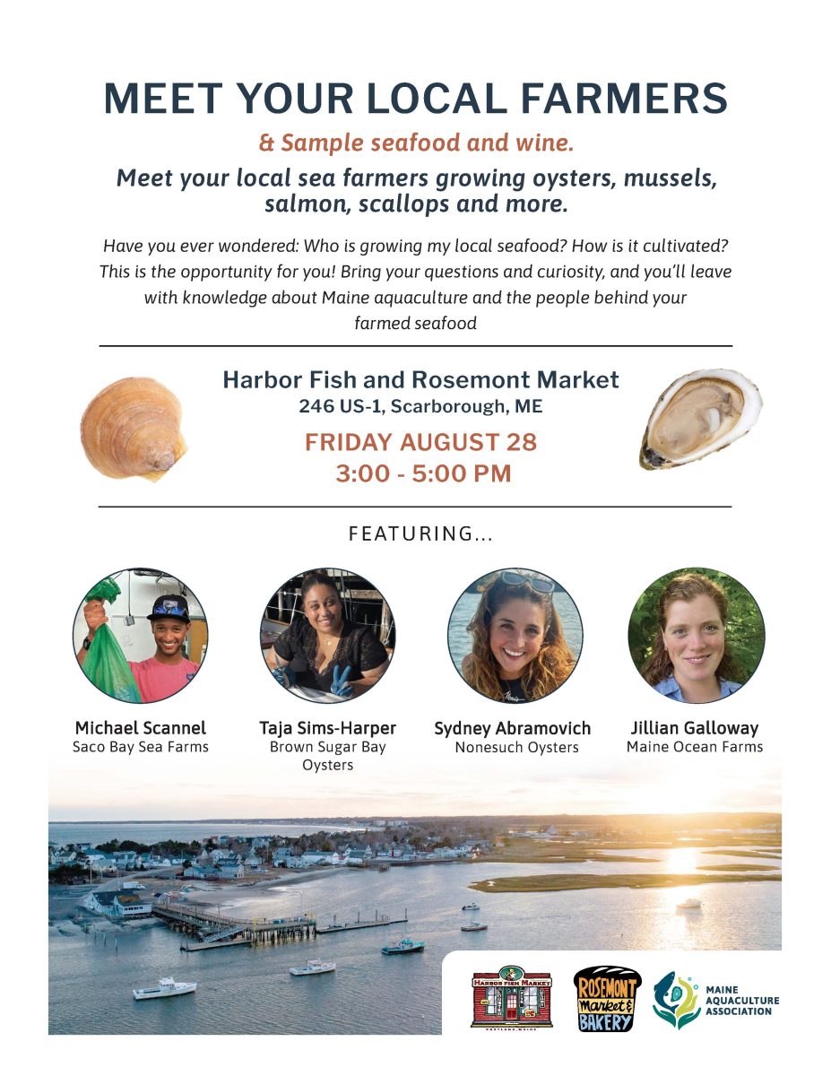 Event flyer for “Meet Your Local Farmers” with seafood samples, wine, date, time, and featured sea farmers’ photos at Harbor Fish and Rosemont Market, Scarborough, ME, on Friday, August 28.